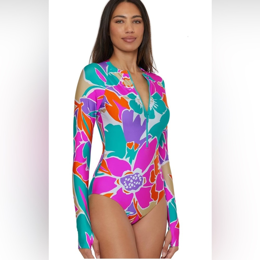 NWT Trina Turk Floral Long-Sleeve One-Piece Swimsuit in Pink, Teal, Purple, M.